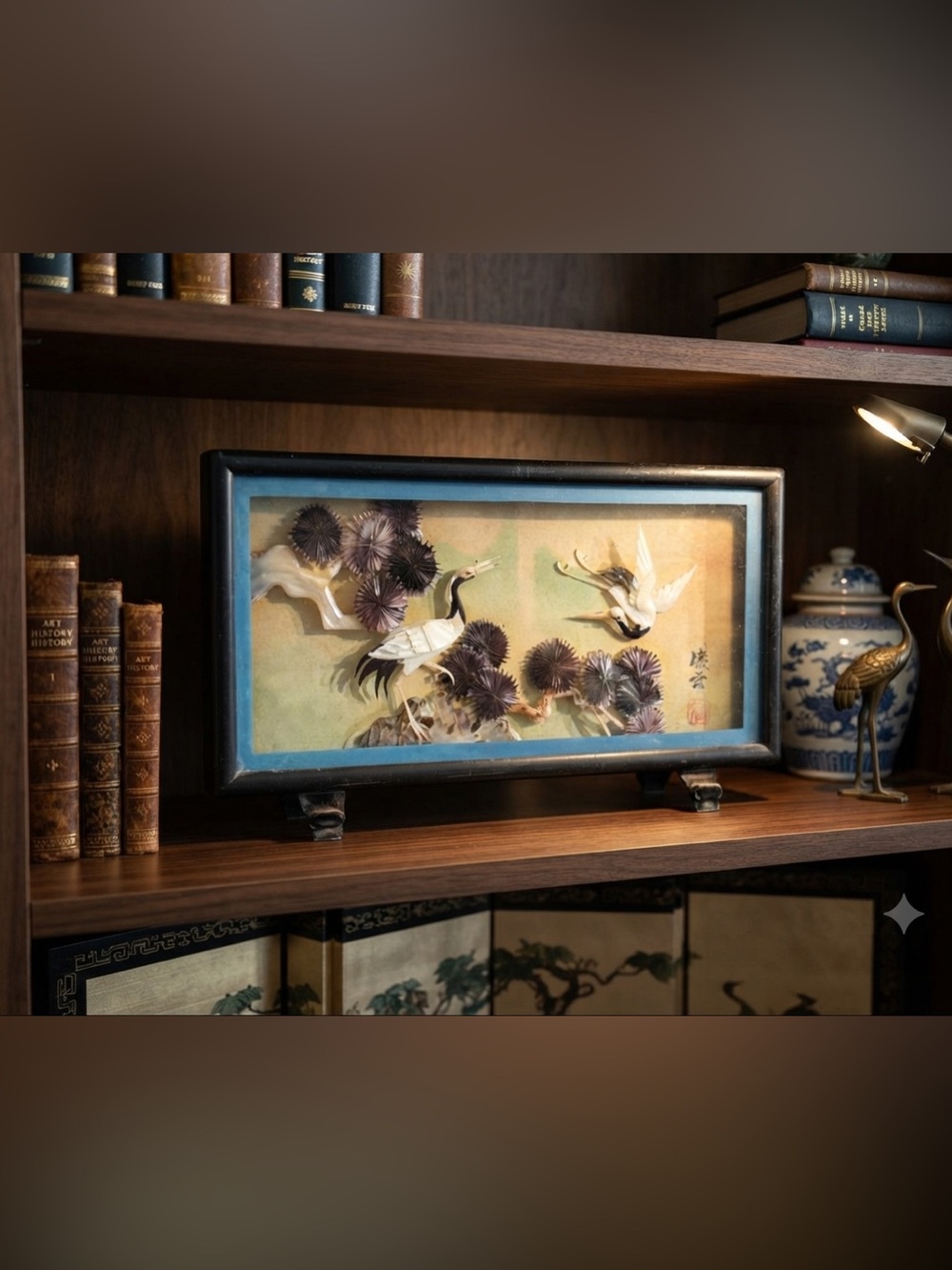 Vintage East Asian 3D shadow box art piece featuring hand-carved mother-of-pearl